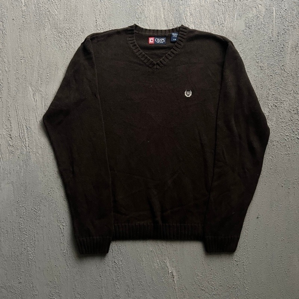 Vintage‎ Chaps Sweater Large Brown 2000s Y2K V Neck Cotton Knit